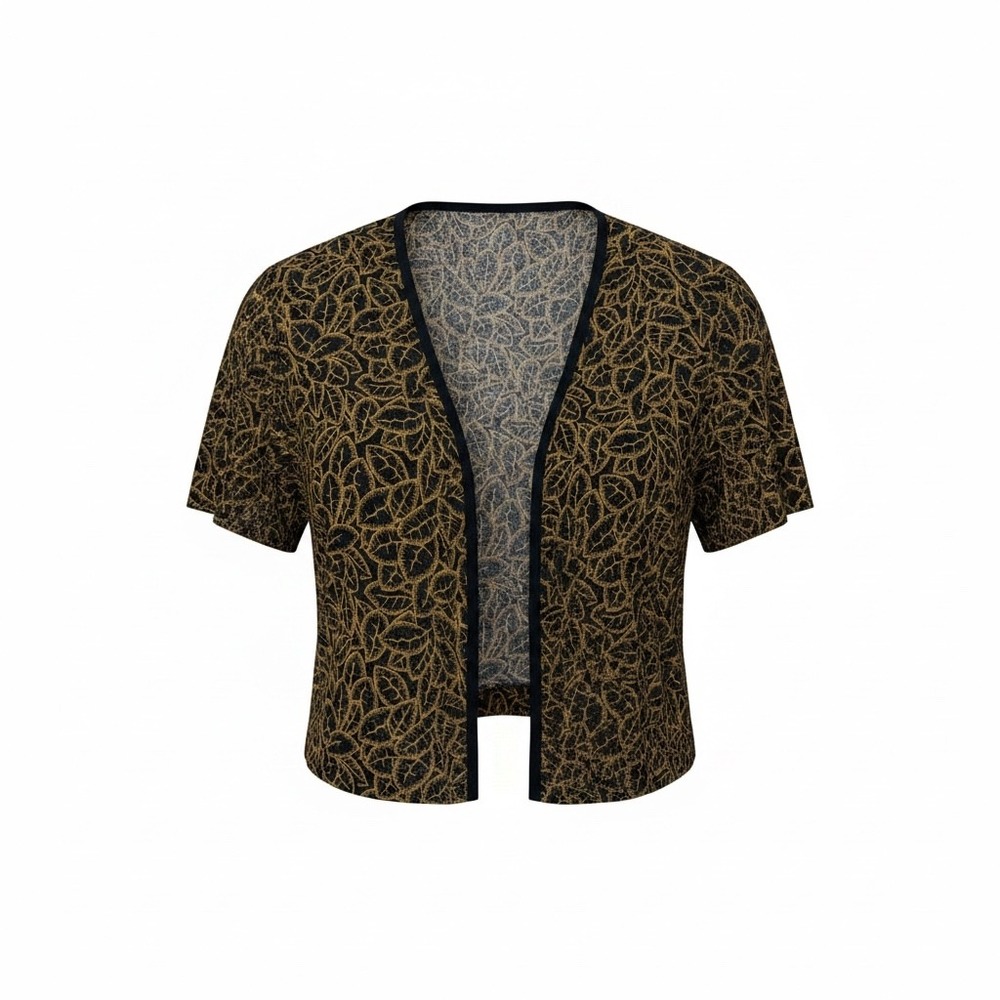 Dawn Joy II Vintage Gold Black Leaf Print Cropped Bolero Shrug Short Sleeve‎ 6P